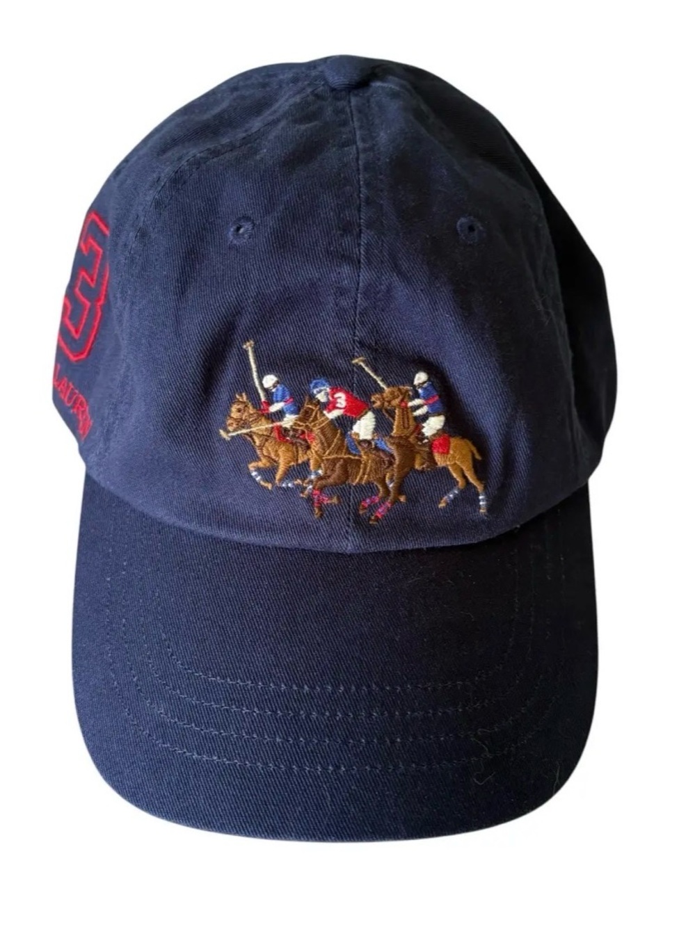 NWT Polo Ralph Lauren Navy Embroidered TRIPLE PONY #3 Twill Baseball Cap Hat